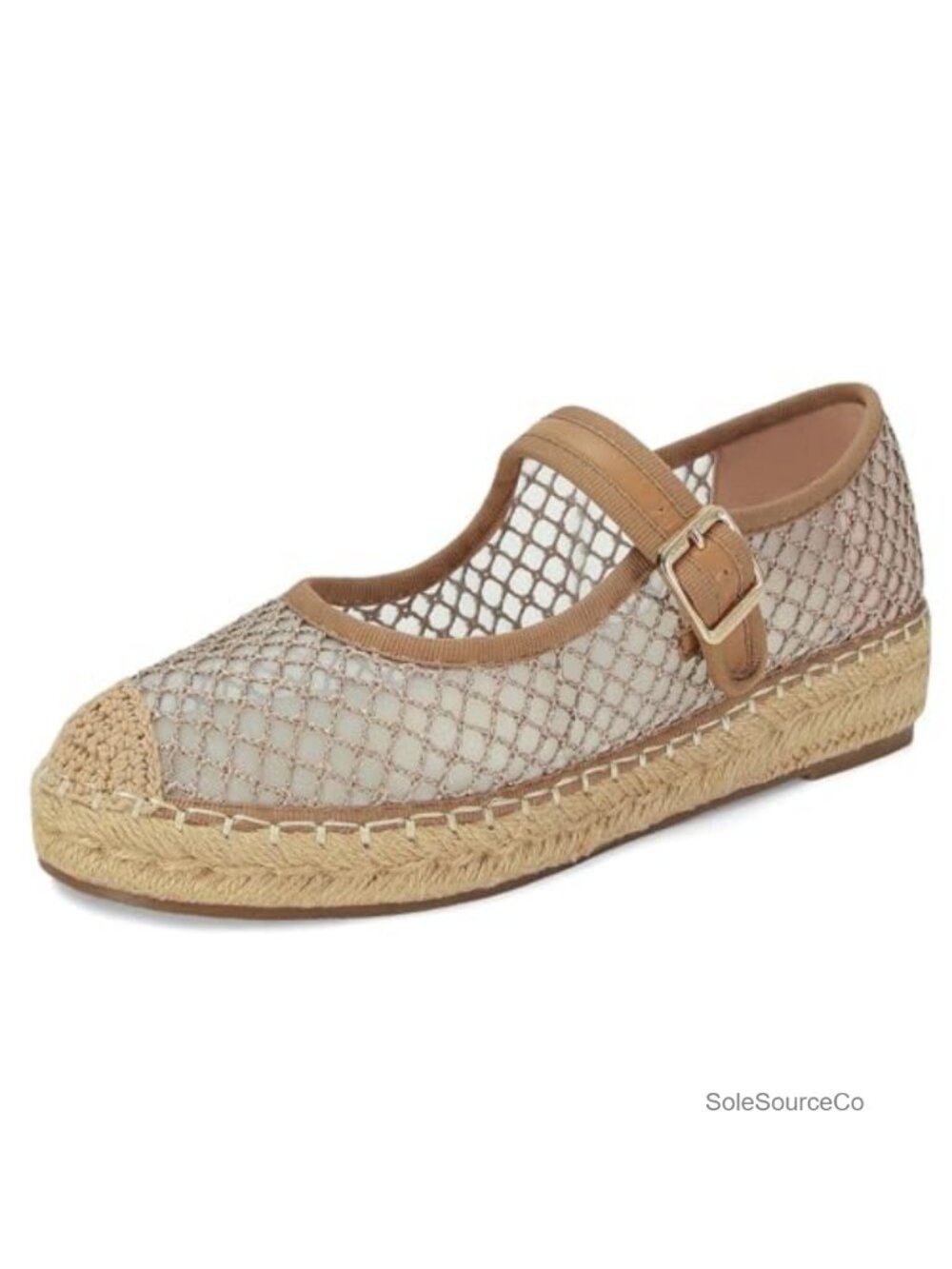 Women's Mesh Woven Raffia Espadrille Platform Mary Jane Flats with Buckle Strap
